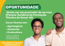 Oportunidade para prestador de serviço da Formação Técnica do Senar-ES