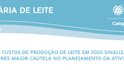 ALTA NOS CUSTOS DE PRODUÇÃO DE LEITE EM 2020 SINALIZA AOS PRODUTORES MAIOR CAUTELA NO PLANEJAMENTO DA ATIVIDADE EM 2021