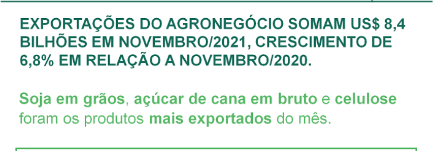 Exportações do agro somam US$ 8,4 bilhões em novembro