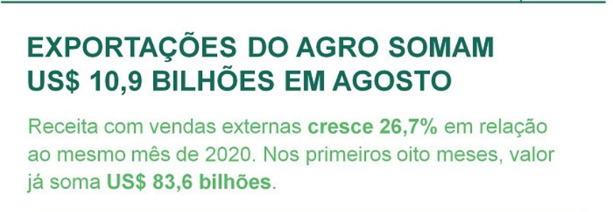 Exportações do agro somam US$ 10,9 bilhões em agosto