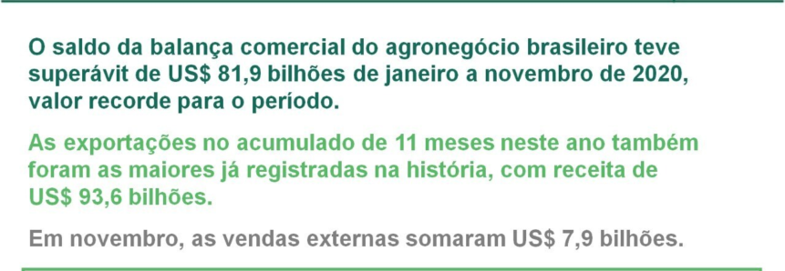 Agro tem saldo comercial e exportações recordes em 2020