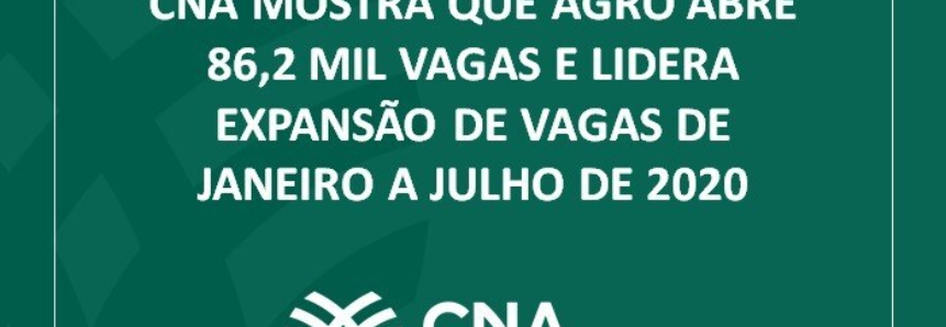 CNA mostra que agro abre 86,2 mil vagas e lidera expansão de vagas de janeiro a julho de 2020