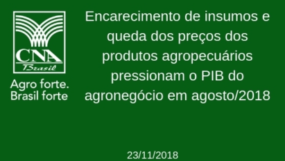 ENCARECIMENTO DE INSUMOS E QUEDA DOS PREÇOS DOS PRODUTOS AGROPECUÁRIOS PRESSIONAM O PIB DO AGRONEGÓCIO EM AGOSTO/2018