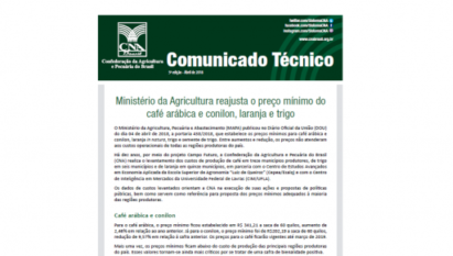 COMUNICADO TÉCNICO: MINISTÉRIO DA AGRICULTURA REAJUSTA O PREÇO MÍNIMO DO CAFÉ ARÁBICA E CONILON, LARANJA E TRIGO