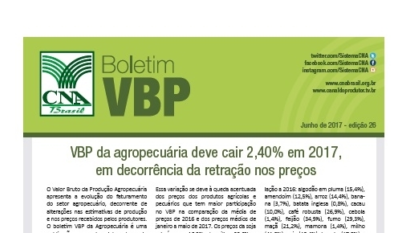 BOLETIM VBP: VBP DA AGROPECUÁRIA DEVE CAIR 2,40% EM 2017, EM DECORRÊNCIA DA RETRAÇÃO NOS PREÇOS / JUNHO 2017