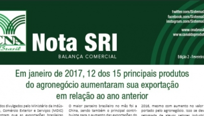 NOTA SRI: EM JANEIRO DE 2017, 12 DOS 15 PRINCIPAIS PRODUTOS DO AGRONEGÓCIO AUMENTARAM SUA EXPORTAÇÃO EM RELAÇÃO AO ANO ANTERIOR / FEVEREIRO 2017