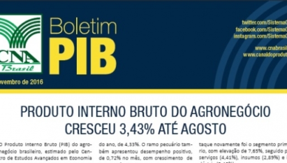 BOLETIM PIB: PRODUTO INTERNO BRUTO DO AGRONEGÓCIO CRESCEU 3,43% ATÉ AGOSTO / NOVEMBRO 2016